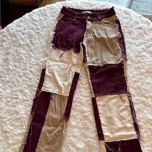 Patchwork Straight Leg Jeans - Maroon and Beige